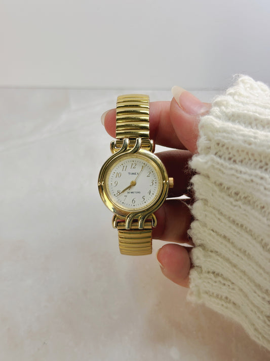 Timex Petite Round Gold-Tone Watch – White Dial Arabic Numerals – 30M Water Resistant – New Battery