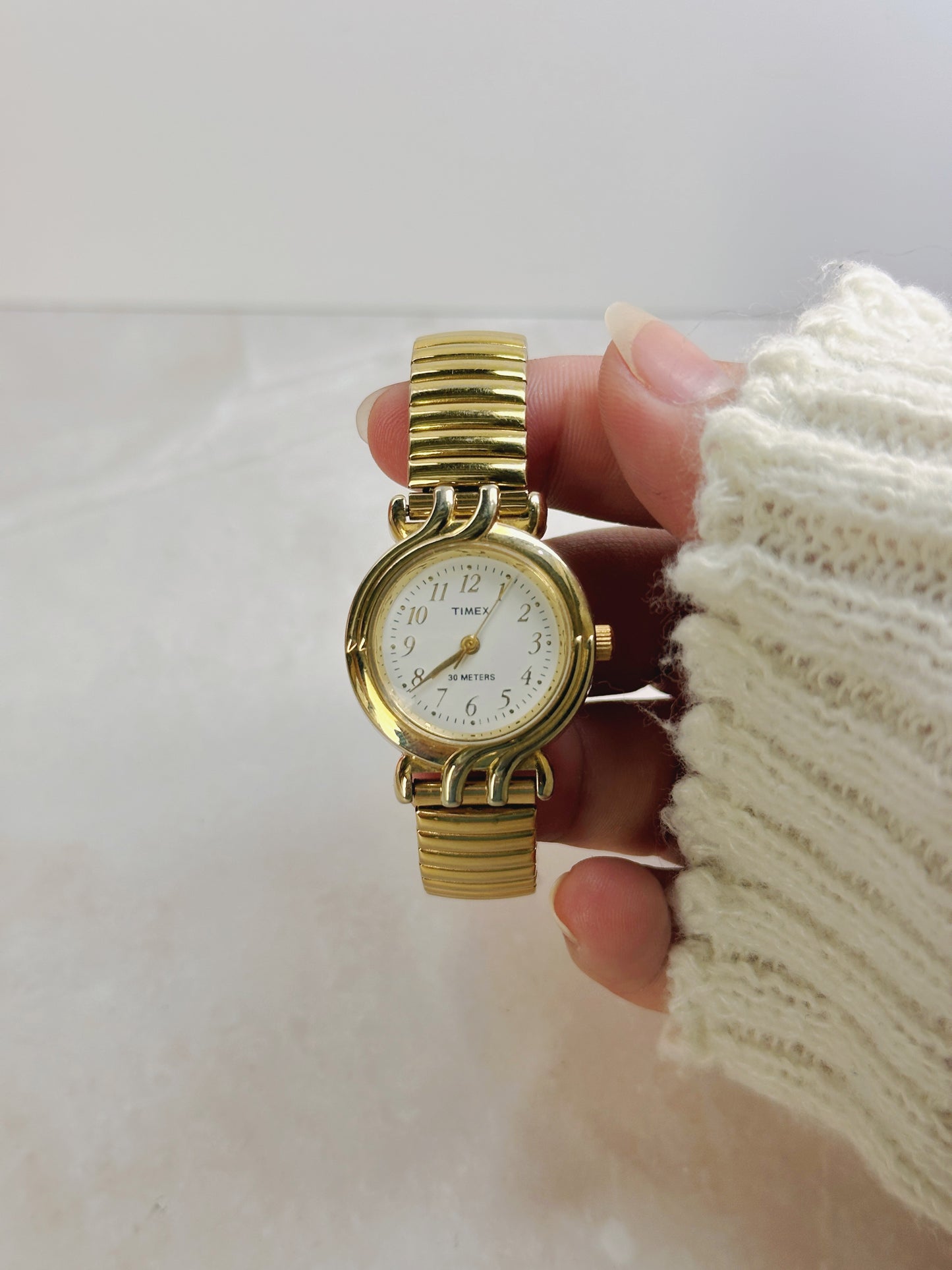 Timex Petite Round Gold-Tone Watch – White Dial Arabic Numerals – 30M Water Resistant – New Battery