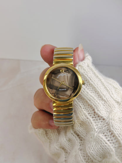Gottex Round Gold-Tone Watch – Brown Sunburst Dial – Stretch Bracelet – Petite Vintage Style