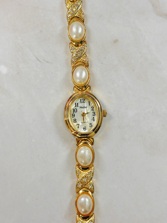 Mayfair Gold-Tone Ladies Watch – Pearl & Crystal Bracelet – Quartz