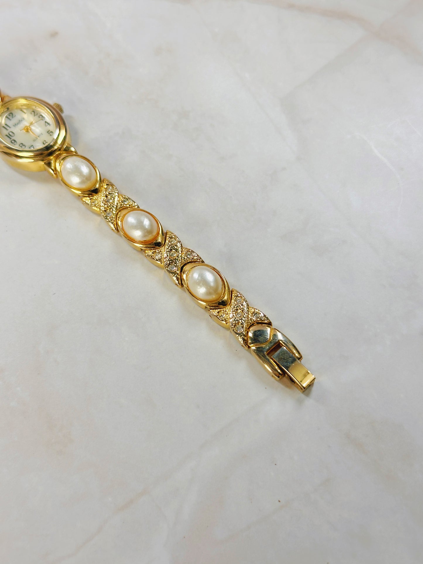 Mayfair Gold-Tone Ladies Watch – Pearl & Crystal Bracelet – Quartz
