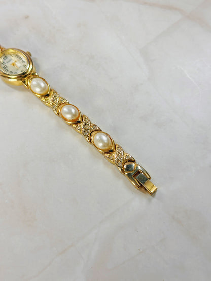 Mayfair Gold-Tone Ladies Watch – Pearl & Crystal Bracelet – Quartz