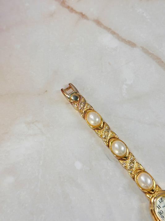 Mayfair Gold-Tone Ladies Watch – Pearl & Crystal Bracelet – Quartz