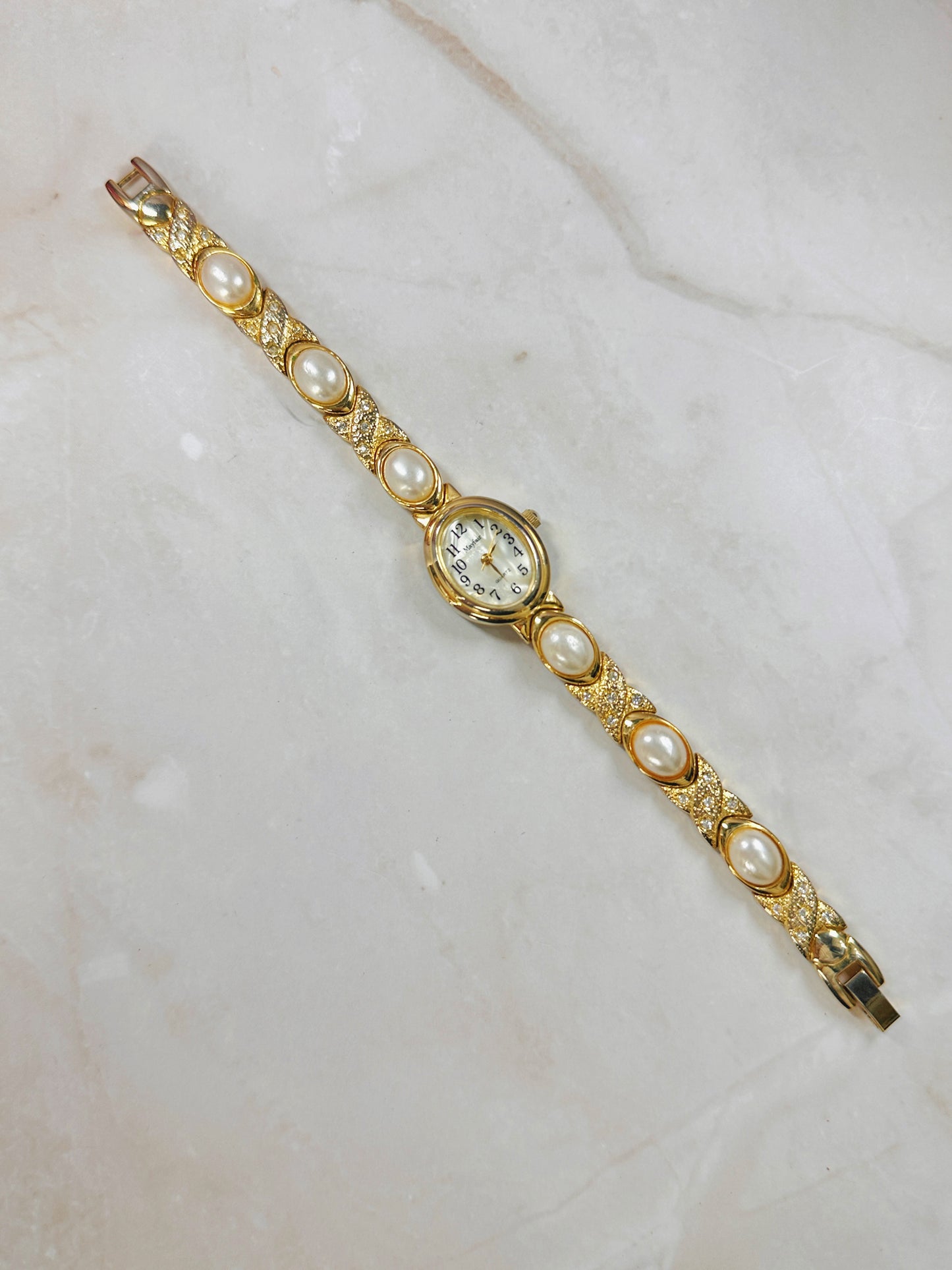 Mayfair Gold-Tone Ladies Watch – Pearl & Crystal Bracelet – Quartz