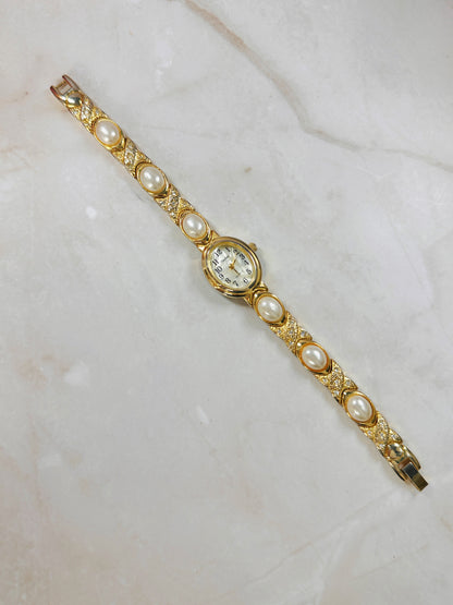 Mayfair Gold-Tone Ladies Watch – Pearl & Crystal Bracelet – Quartz