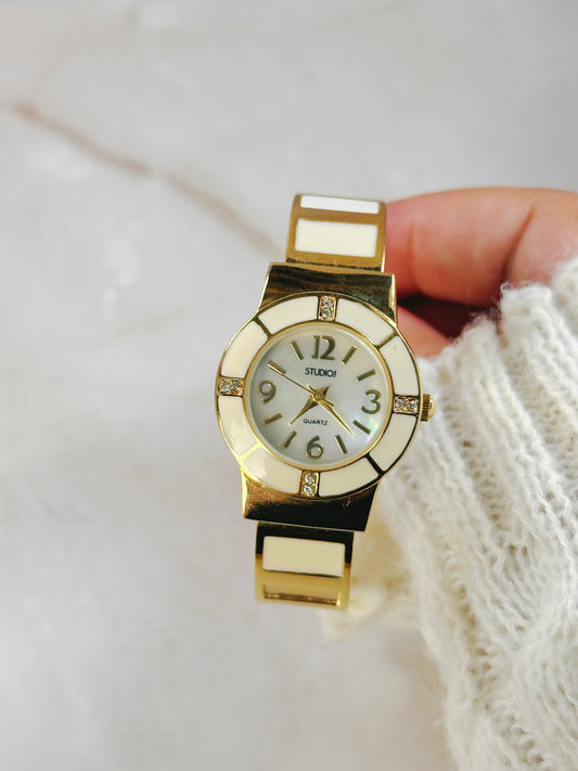 Studio Quartz Gold-Tone Ladies Bangle Watch – Cream Enamel Accents – Modern Dress Style