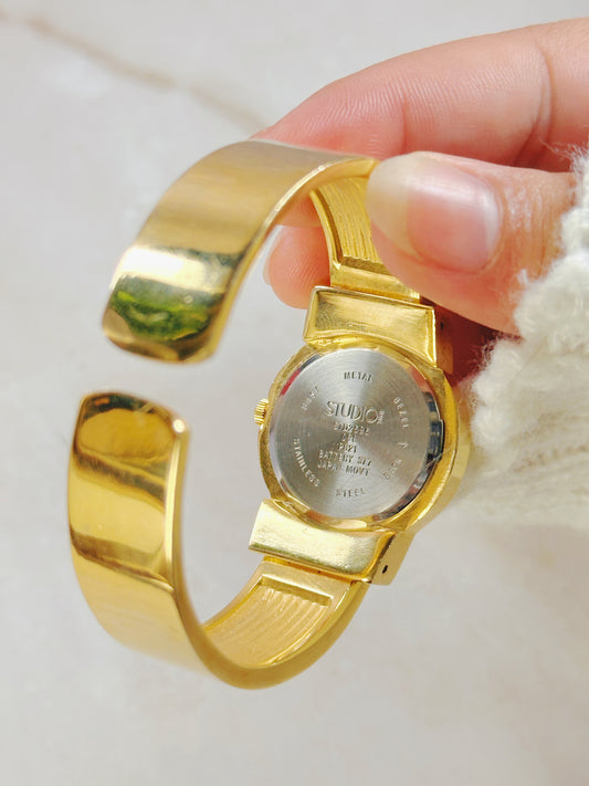 Studio Quartz Gold-Tone Ladies Bangle Watch – Cream Enamel Accents – Modern Dress Style