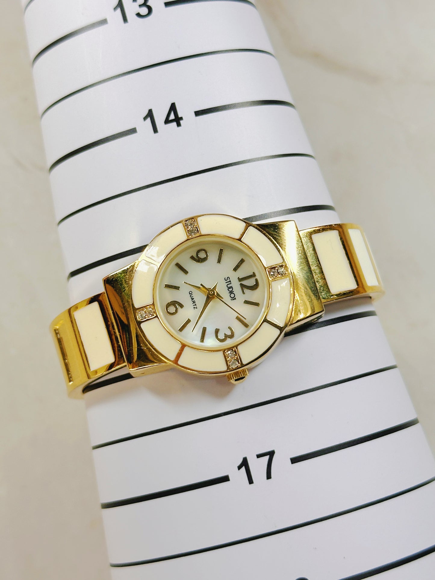 Studio Quartz Gold-Tone Ladies Bangle Watch – Cream Enamel Accents – Modern Dress Style