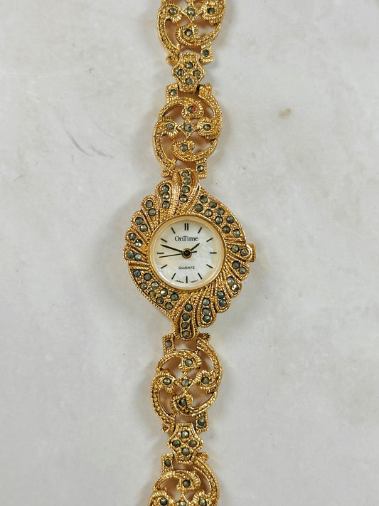 OnTime Gold-Tone Ladies Watch – Ornate Filigree Bracelet – Marcasite Style