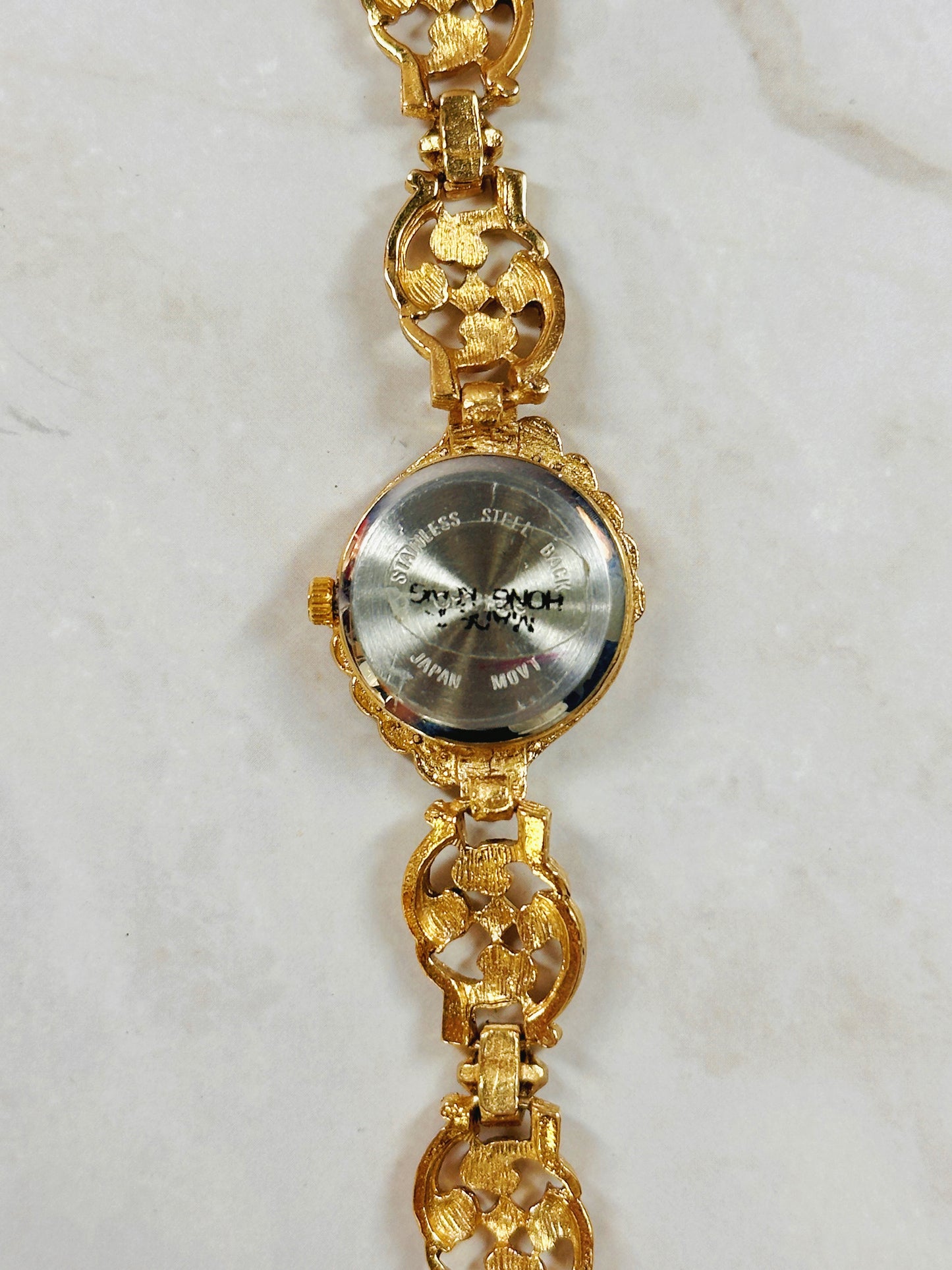 OnTime Gold-Tone Ladies Watch – Ornate Filigree Bracelet – Marcasite Style