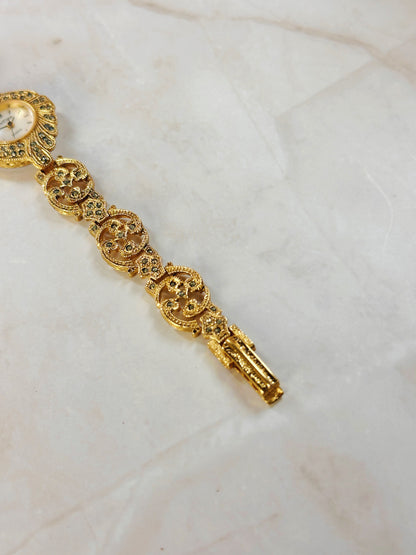 OnTime Gold-Tone Ladies Watch – Ornate Filigree Bracelet – Marcasite Style