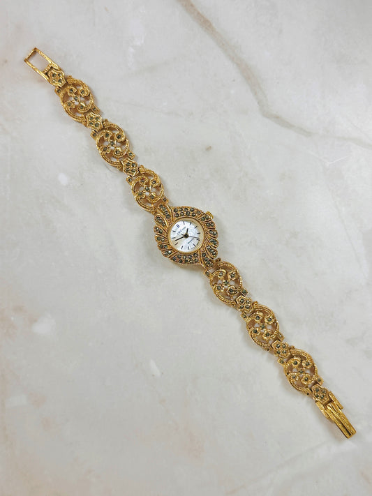 OnTime Gold-Tone Ladies Watch – Ornate Filigree Bracelet – Marcasite Style