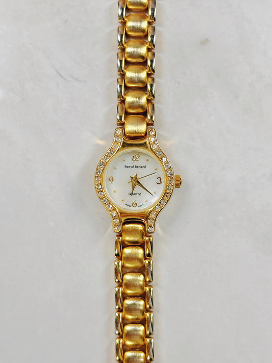 Harvé Benard Gold-Tone Ladies Watch – Crystal Bezel – Elegant Dress Style
