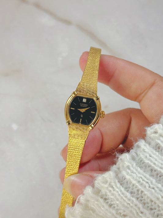 Citizen Quartz Gold-Tone Ladies Watch – Black Dial – Diamond Accent