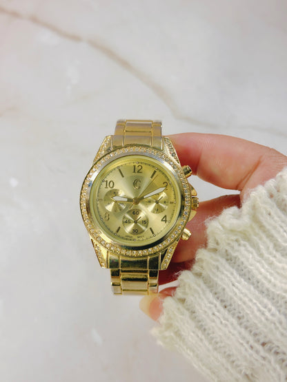 Gold-Tone Chronograph Style Watch – Crystal Bezel – Quartz – Statement Piece