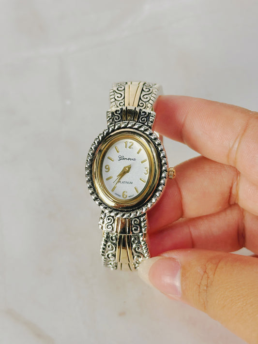 Geneva Platinum Two-Tone Bangle Watch – Ornate Design – Quartz
