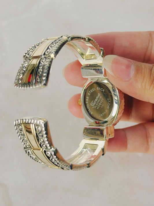 Geneva Platinum Two-Tone Bangle Watch – Ornate Design – Quartz