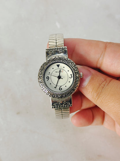 TRENDZ Ornate Silver-Tone Bangle Watch – Scroll Bezel – Quartz – New Battery