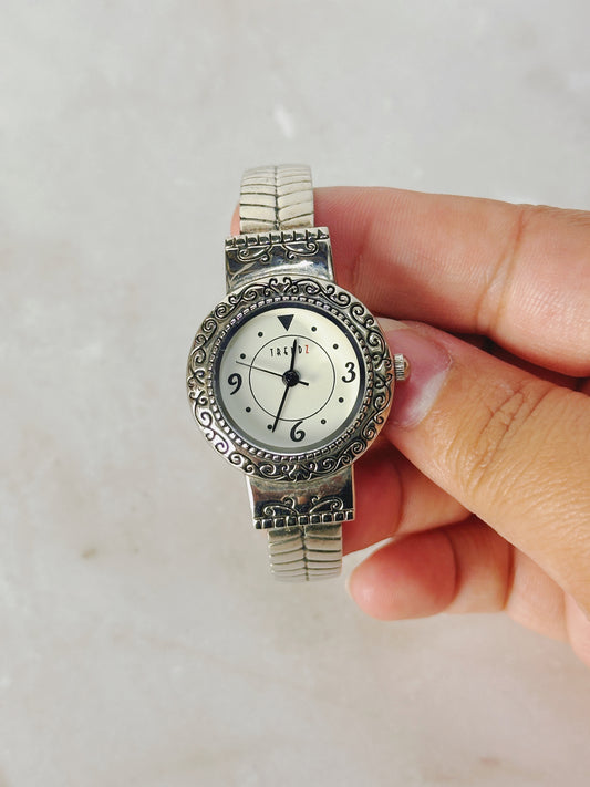 TRENDZ Ornate Silver-Tone Bangle Watch – Scroll Bezel – Quartz – New Battery