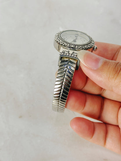 TRENDZ Ornate Silver-Tone Bangle Watch – Scroll Bezel – Quartz – New Battery