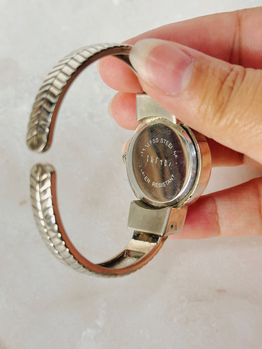 TRENDZ Ornate Silver-Tone Bangle Watch – Scroll Bezel – Quartz – New Battery