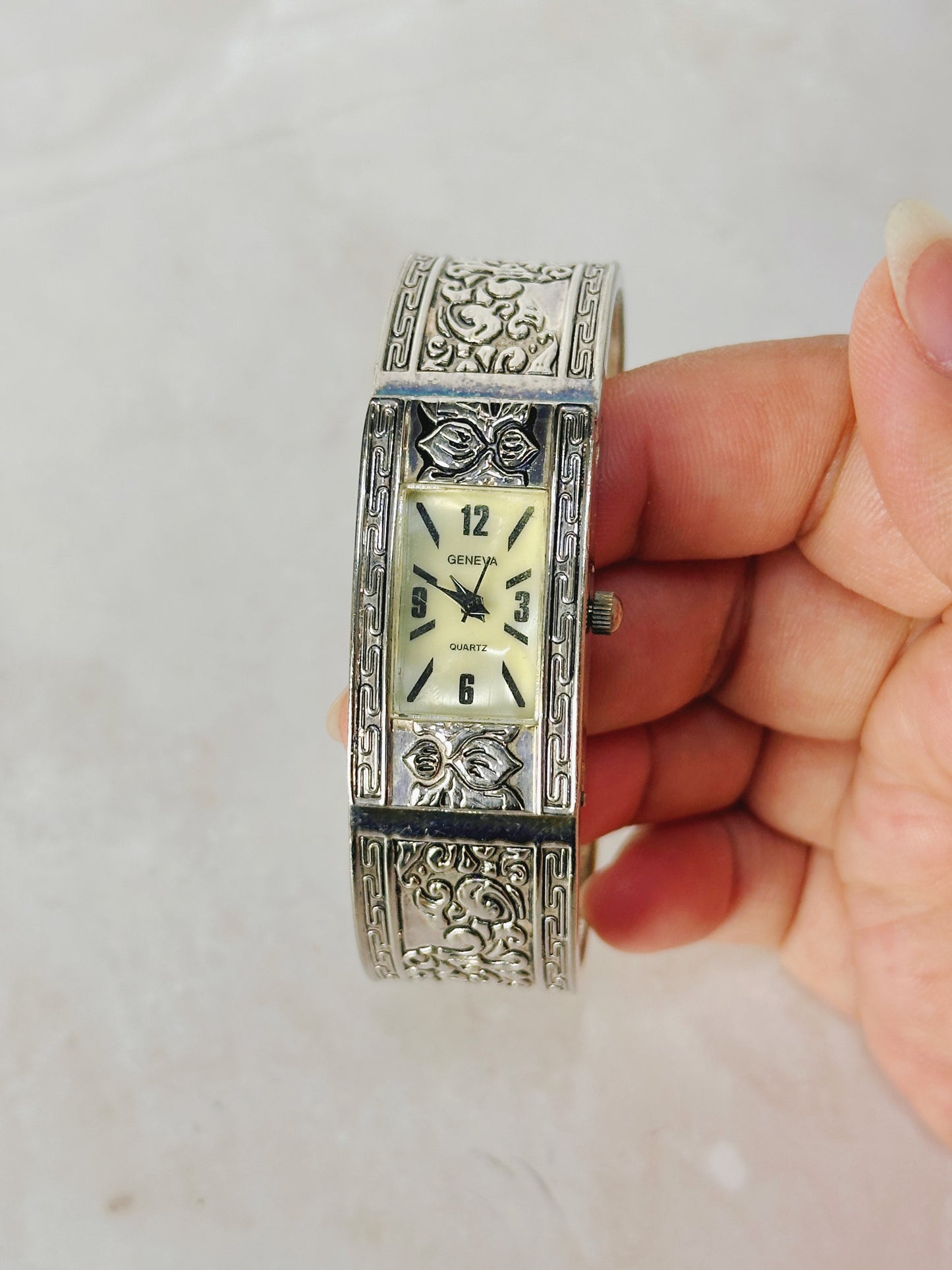 Geneva Ornate Silver Cuff Watch – Rectangular Dial – Quartz