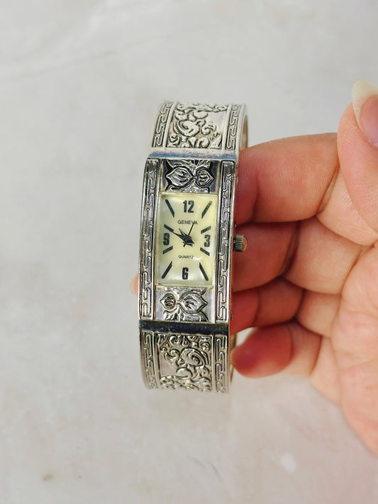 Geneva Ornate Silver Cuff Watch – Rectangular Dial – Quartz
