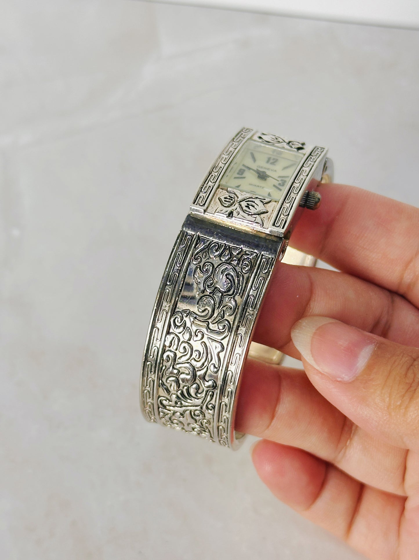 Geneva Ornate Silver Cuff Watch – Rectangular Dial – Quartz