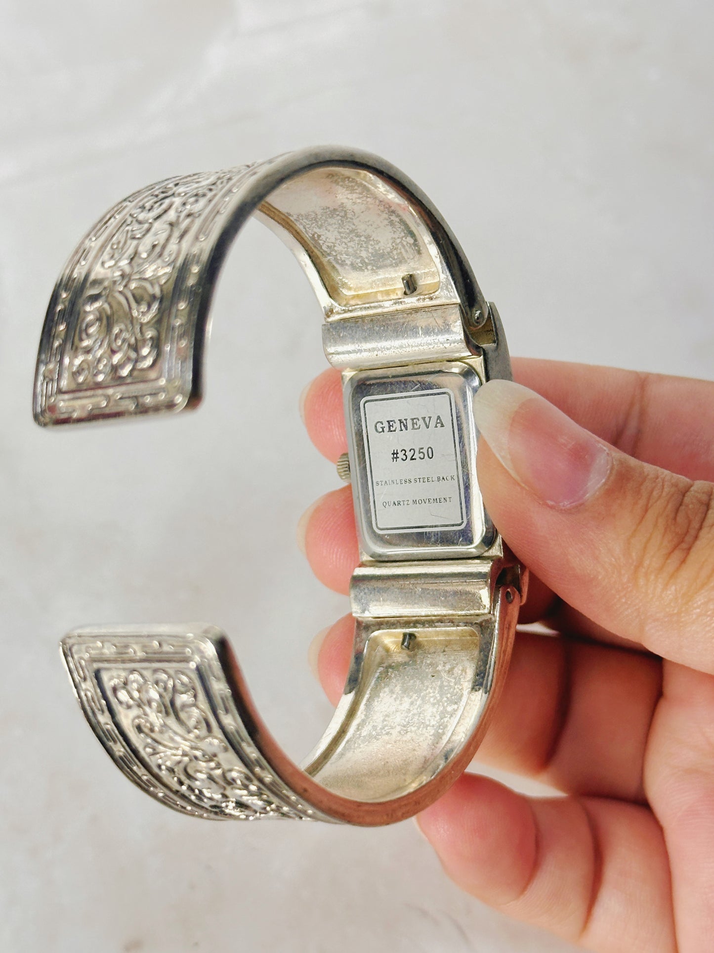 Geneva Ornate Silver Cuff Watch – Rectangular Dial – Quartz