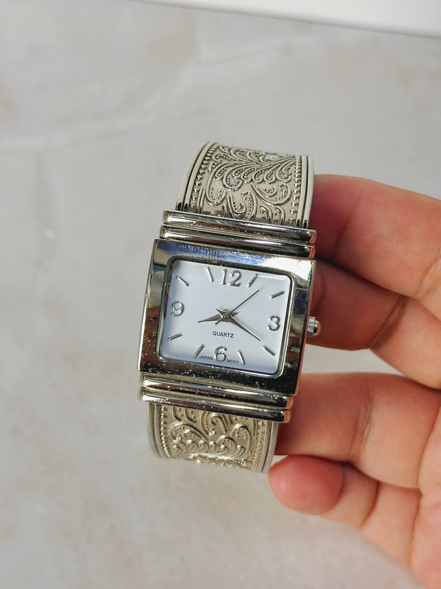 Geneva Silver Cuff Watch – Rectangular White Dial – Japan Quartz – New Battery