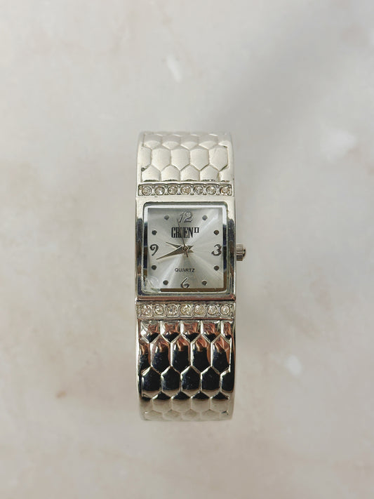 Geneva Silver Cuff Watch – Textured Bracelet & Crystal Accents – Quartz