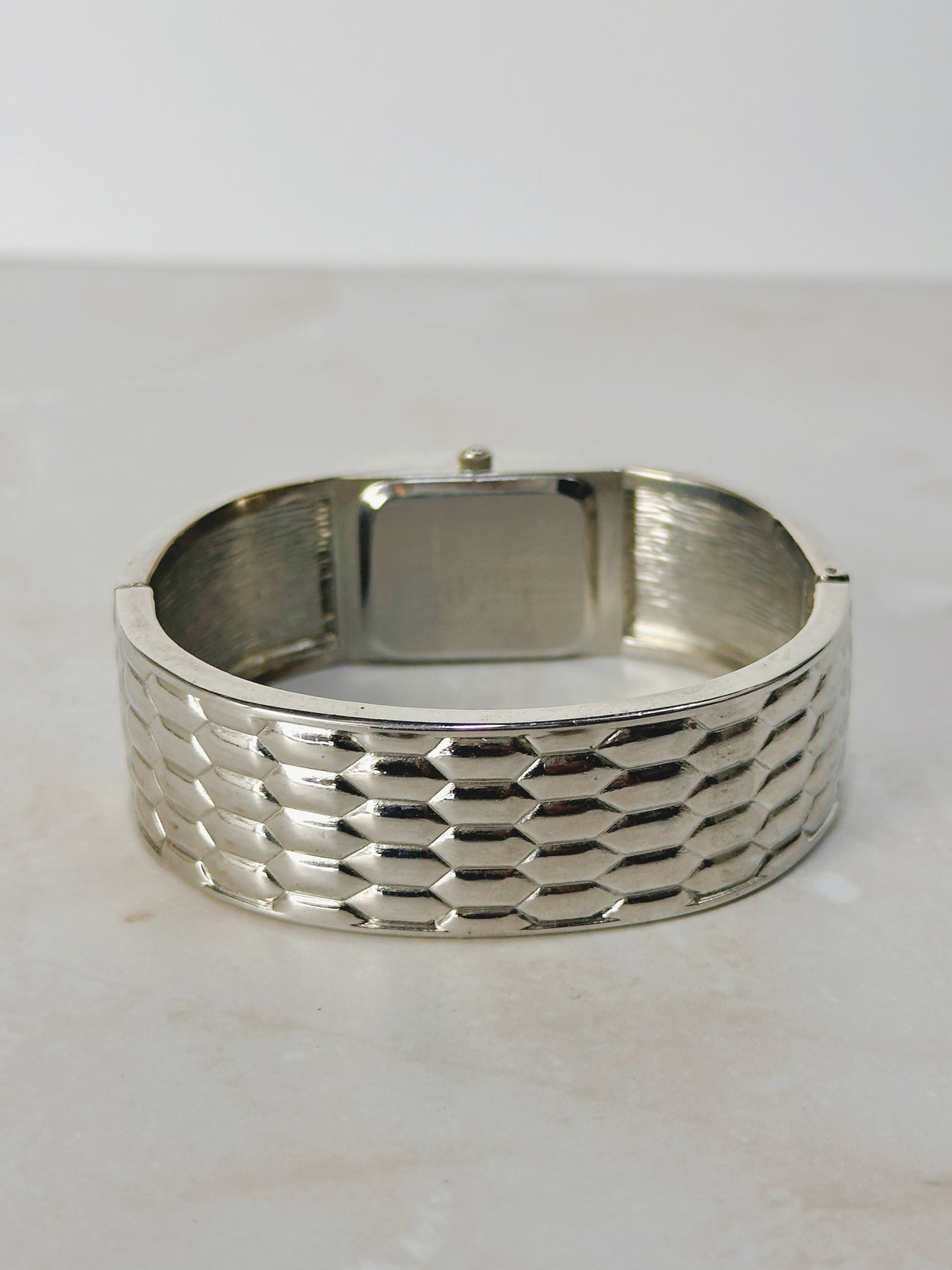 Geneva Silver Cuff Watch – Textured Bracelet & Crystal Accents – Quartz