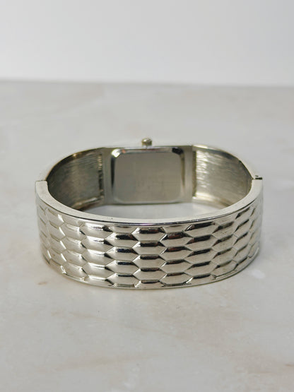 Geneva Silver Cuff Watch – Textured Bracelet & Crystal Accents – Quartz