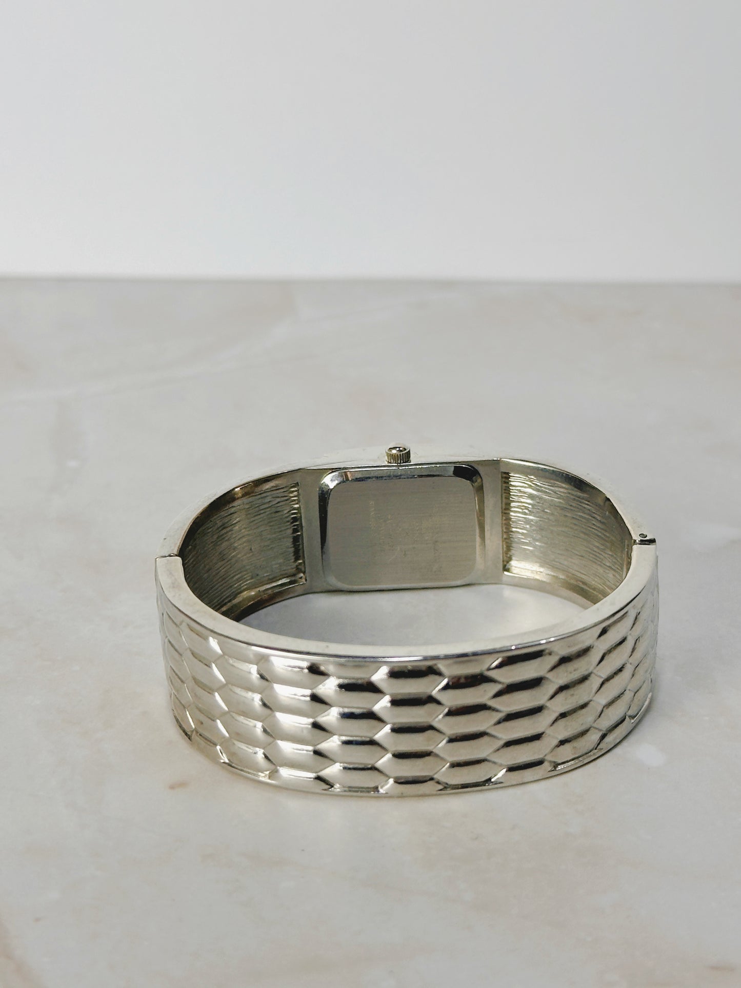 Geneva Silver Cuff Watch – Textured Bracelet & Crystal Accents – Quartz