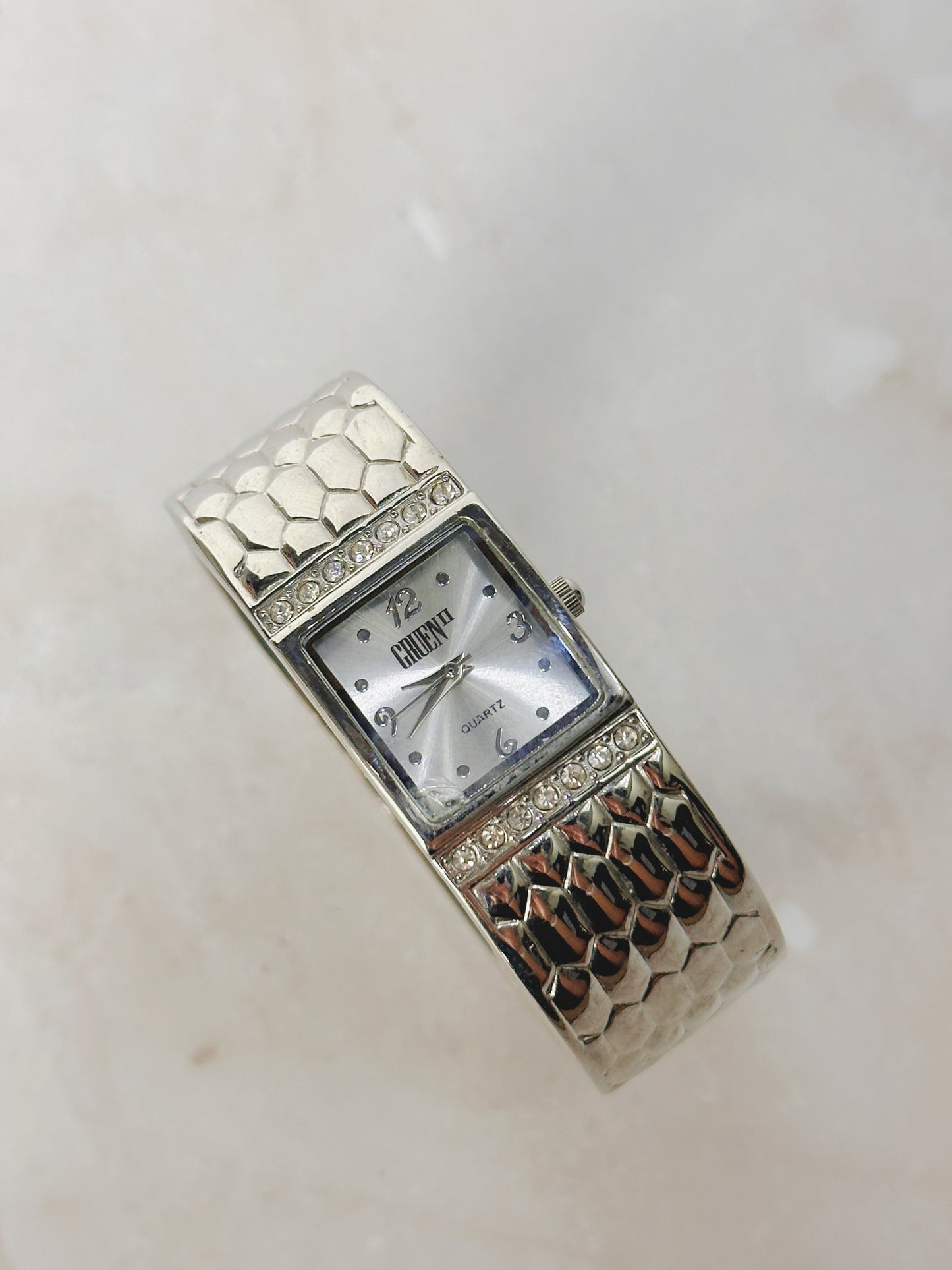 Geneva Silver Cuff Watch – Textured Bracelet & Crystal Accents – Quartz