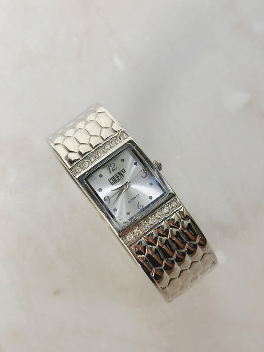 Geneva Silver Cuff Watch – Textured Bracelet & Crystal Accents – Quartz