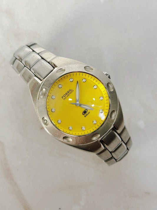 Fossil Blue 100M Stainless Steel Watch – Yellow Dial – Diver Style – New Battery