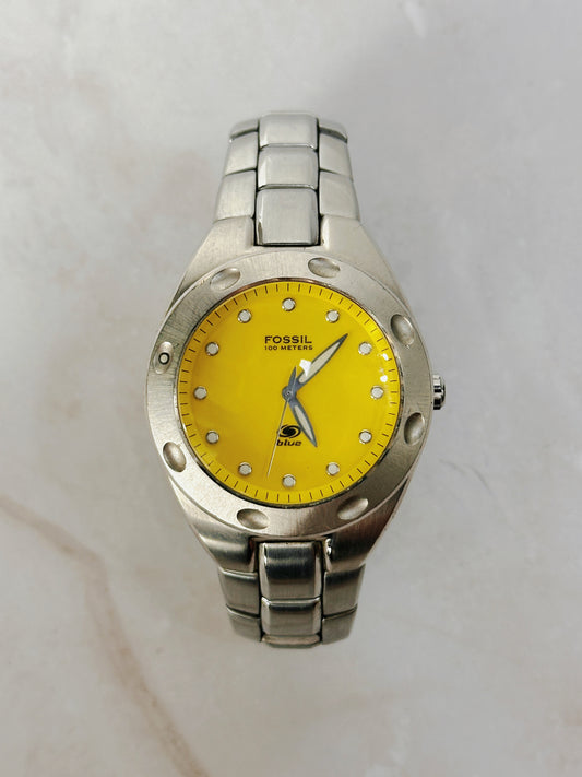 Fossil Blue 100M Stainless Steel Watch – Yellow Dial – Diver Style – New Battery