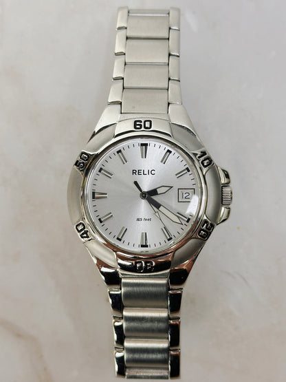 Relic Stainless Steel Date Watch – Silver Sunburst Dial – 165 ft Water Resistant