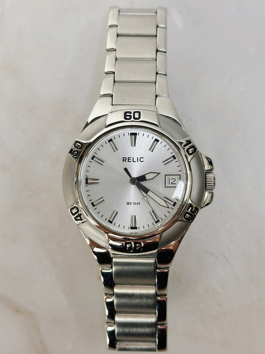 Relic Stainless Steel Date Watch – Silver Sunburst Dial – 165 ft Water Resistant