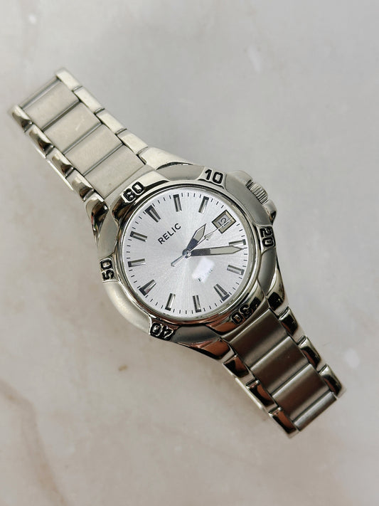 Relic Stainless Steel Date Watch – Silver Sunburst Dial – 165 ft Water Resistant