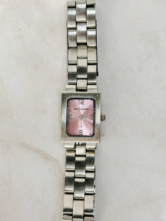 Mary-Kate and Ashley Pink Dial Watch – Stainless Steel – Rectangular Case – New Battery