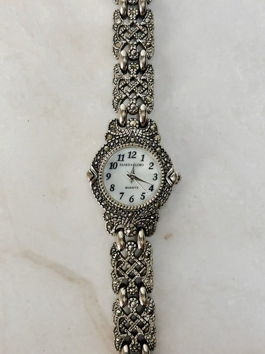 Faded Glory Marcasite Style Bracelet Watch – Ornate Silver Tone – Quartz – New Battery