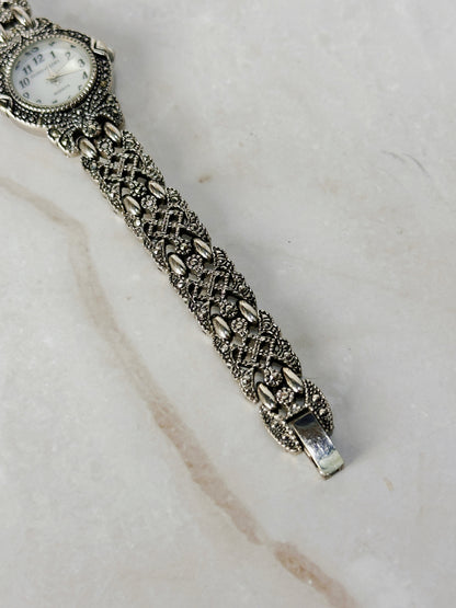 Faded Glory Marcasite Style Bracelet Watch – Ornate Silver Tone – Quartz – New Battery
