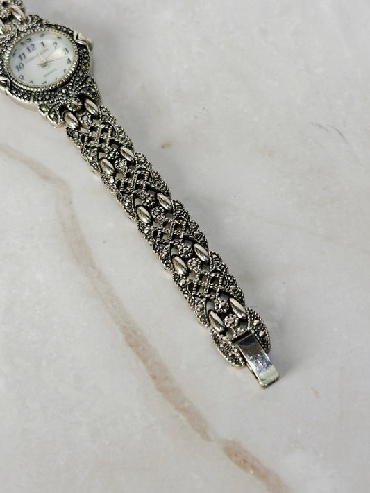 Faded Glory Marcasite Style Bracelet Watch – Ornate Silver Tone – Quartz – New Battery