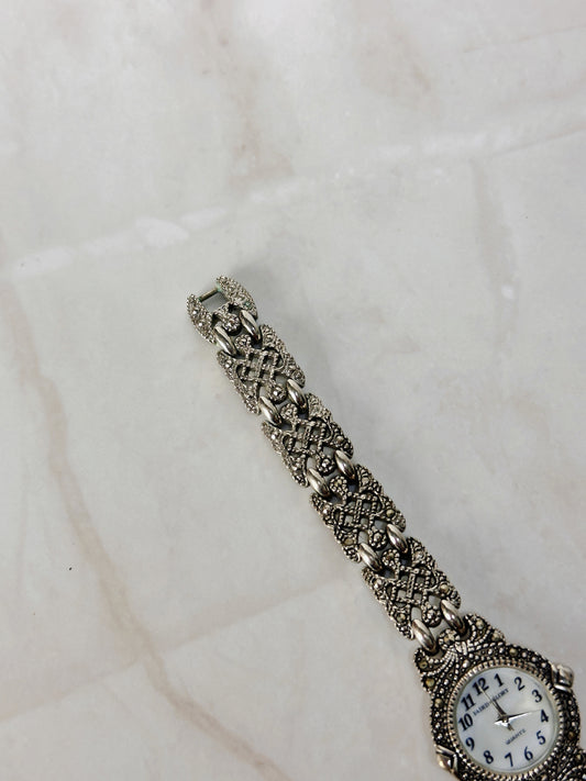 Faded Glory Marcasite Style Bracelet Watch – Ornate Silver Tone – Quartz – New Battery