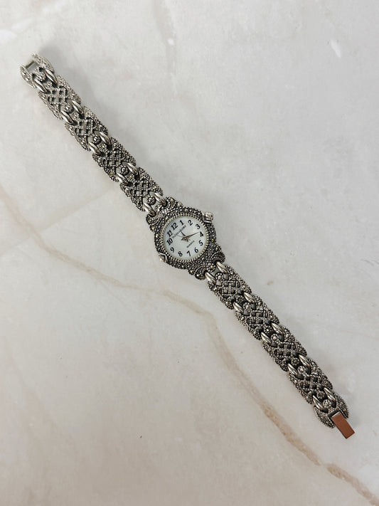 Faded Glory Marcasite Style Bracelet Watch – Ornate Silver Tone – Quartz – New Battery