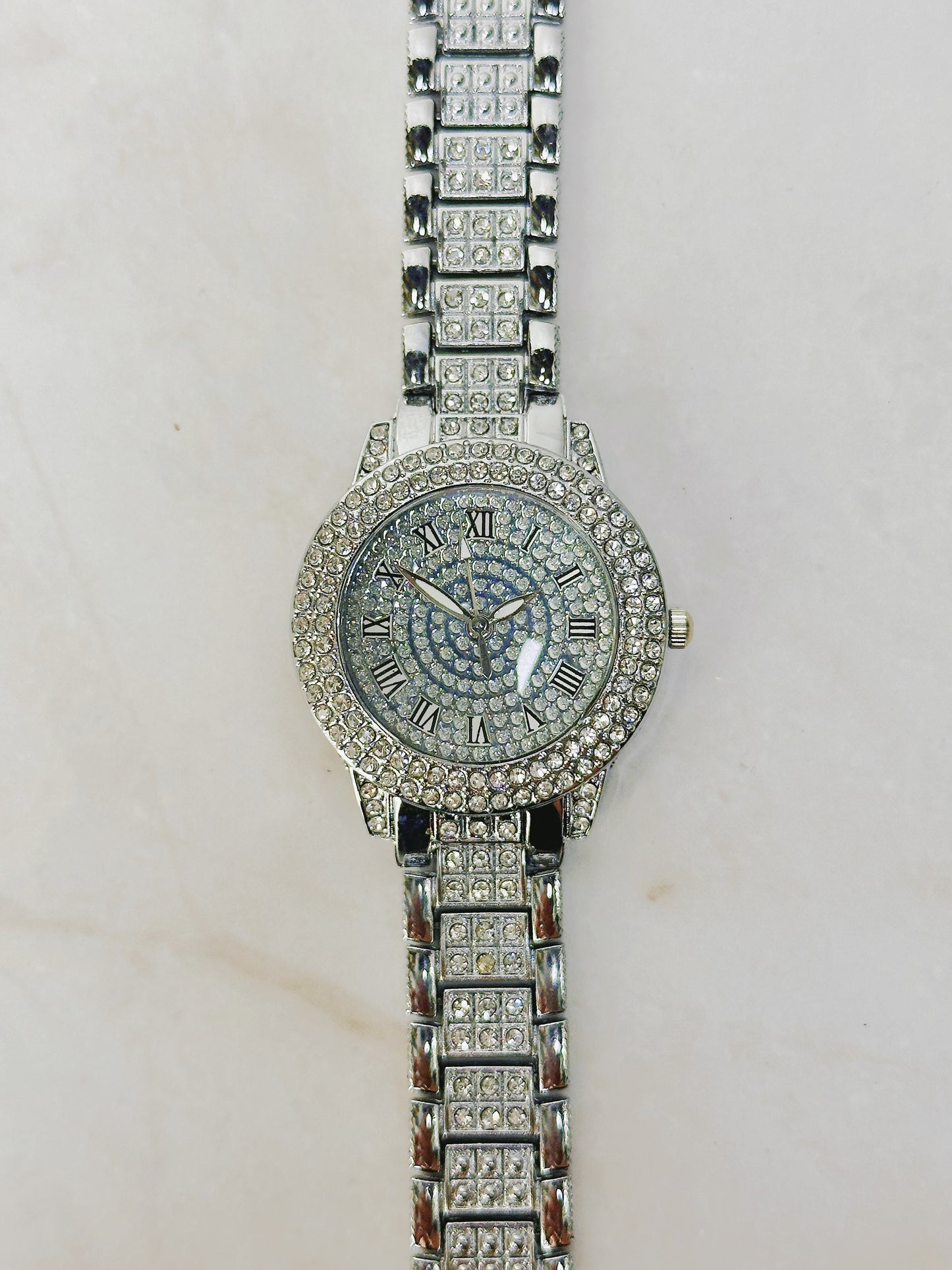 Silver Tone Rhinestone Quartz Watch – Ladies – Roman Numerals – Fully Iced Style – New Battery