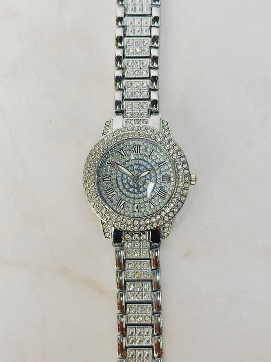 Silver Tone Rhinestone Quartz Watch – Ladies – Roman Numerals – Fully Iced Style – New Battery