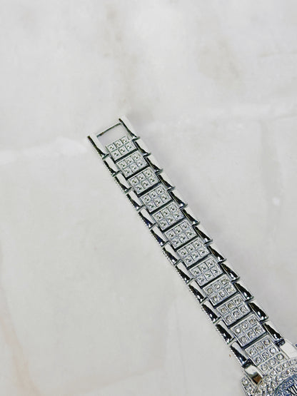 Silver Tone Rhinestone Quartz Watch – Ladies – Roman Numerals – Fully Iced Style – New Battery